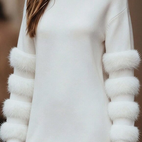 White Casual Women's Fluffy Knit Sweater Dress - Picture 4 of 4